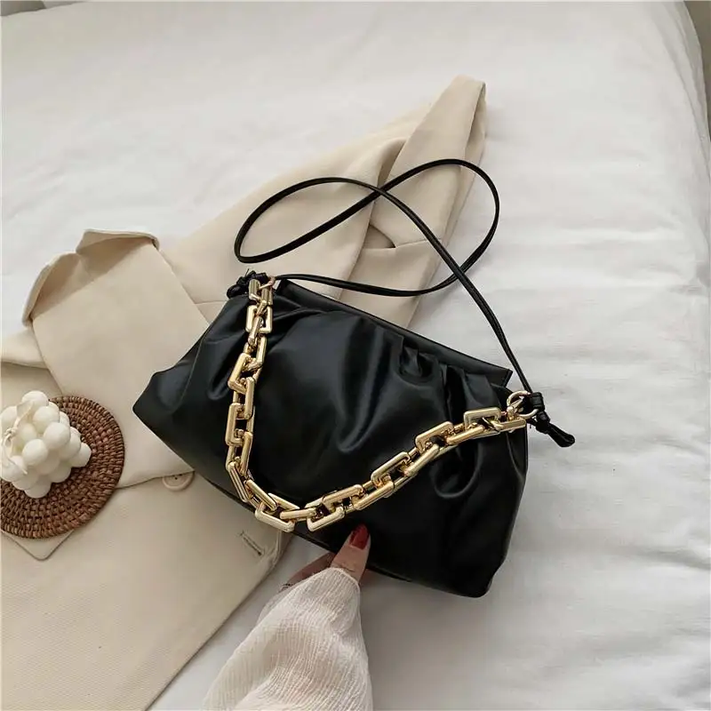 

Thick Chain Shoulder Bags For Women Leather Pleated Cloud Bag Simple Crossbody Bag Casual Ladies Luxury Brand Handbag and Purse