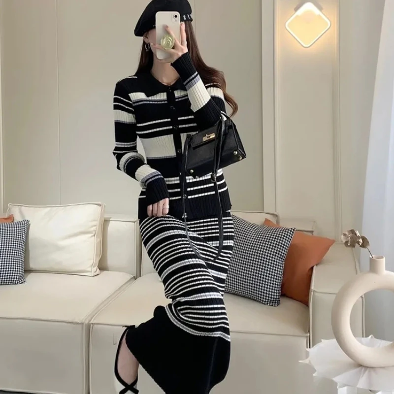 Корейский стиль трикотажное платье в полоску комплект из 2 предметов элегантный