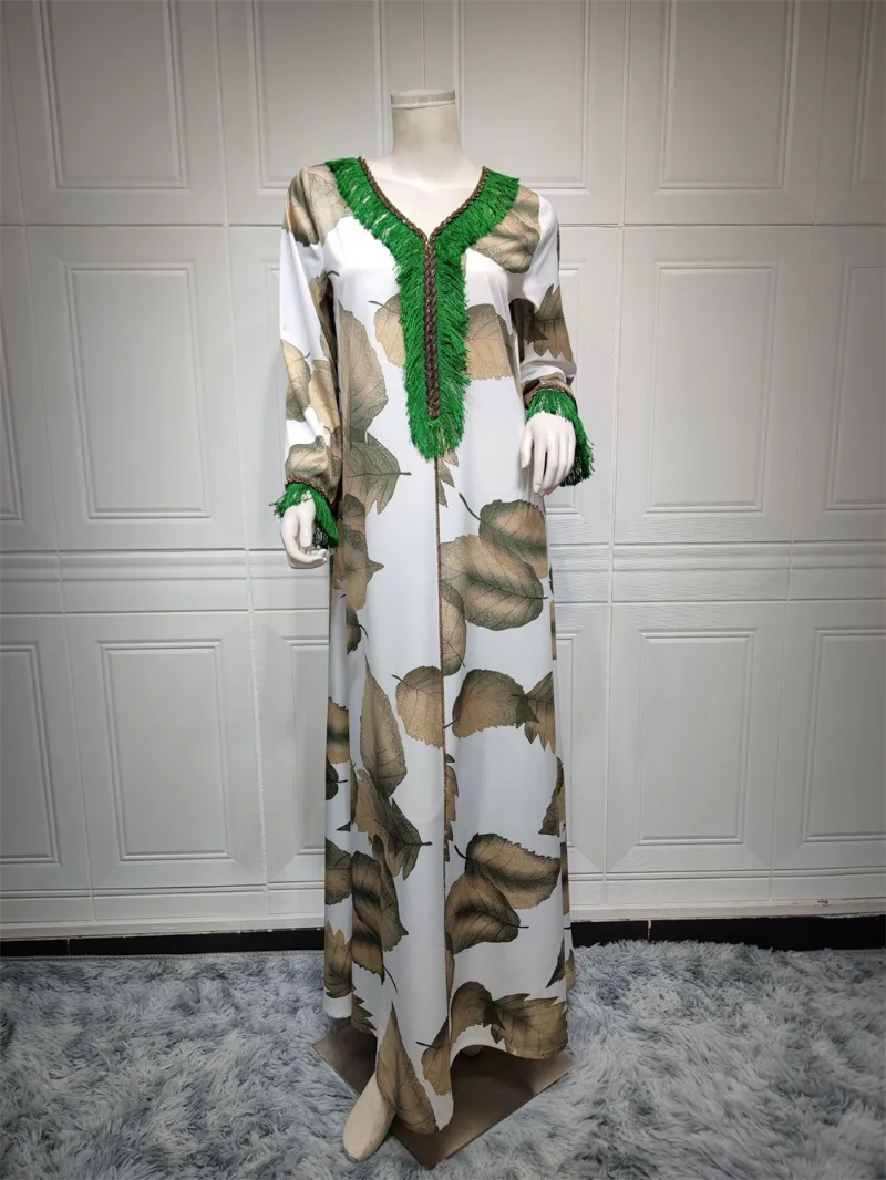 Ramadan Jalabiya Dress Elegant Casual Leaf Print Fashion Feather Sleeve Long Dresses Dubai Abaya Luxury For Muslim Women
