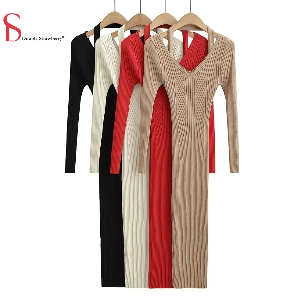 

Женское осеннее однотонное платье с V-образным вырезом