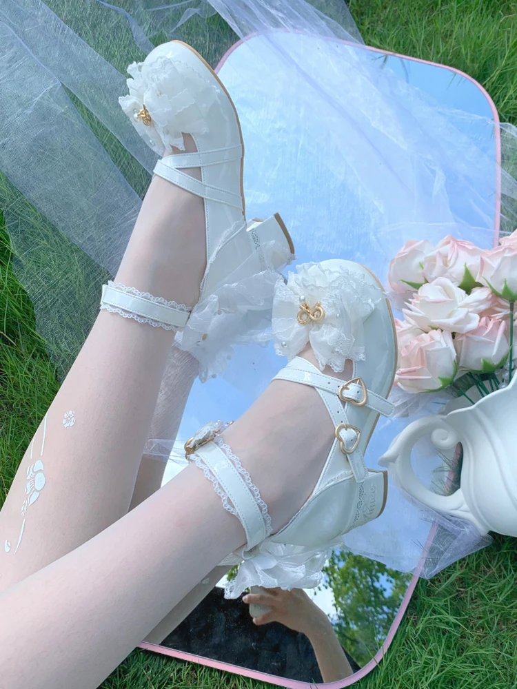Фото Оригинальные туфли Лолиты для милых девушек, милые японские туфли Лоли для студентов, кампуса, чаепития, туфли на высоком каблуке, великолепные свадебные туфли с цветочным узором №5