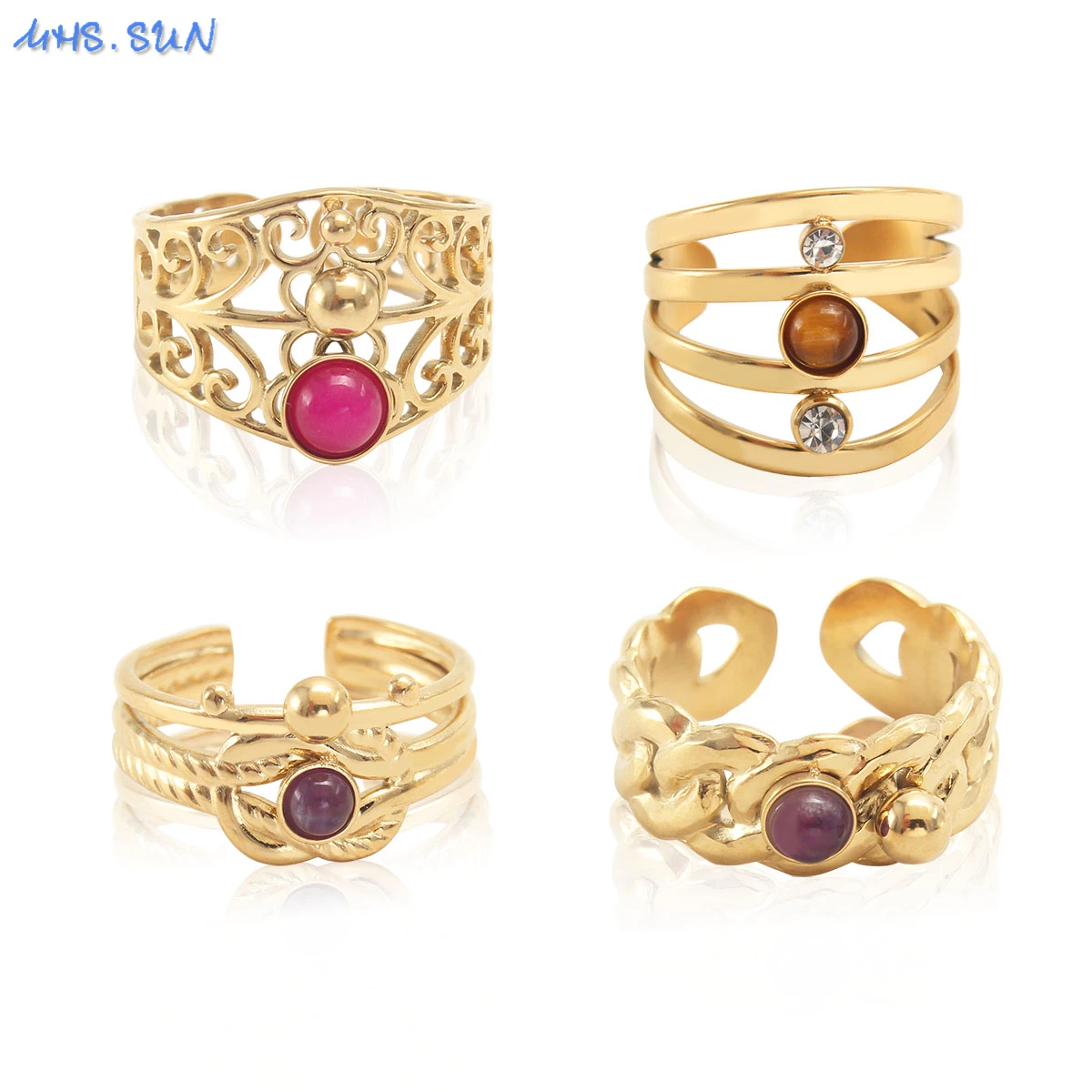 

MHS.SUN New Design Gold Plated Female Vintage Delicate Open Rings Jewelry Stainless Steel Rings Women Men Adjustable Ring Gift