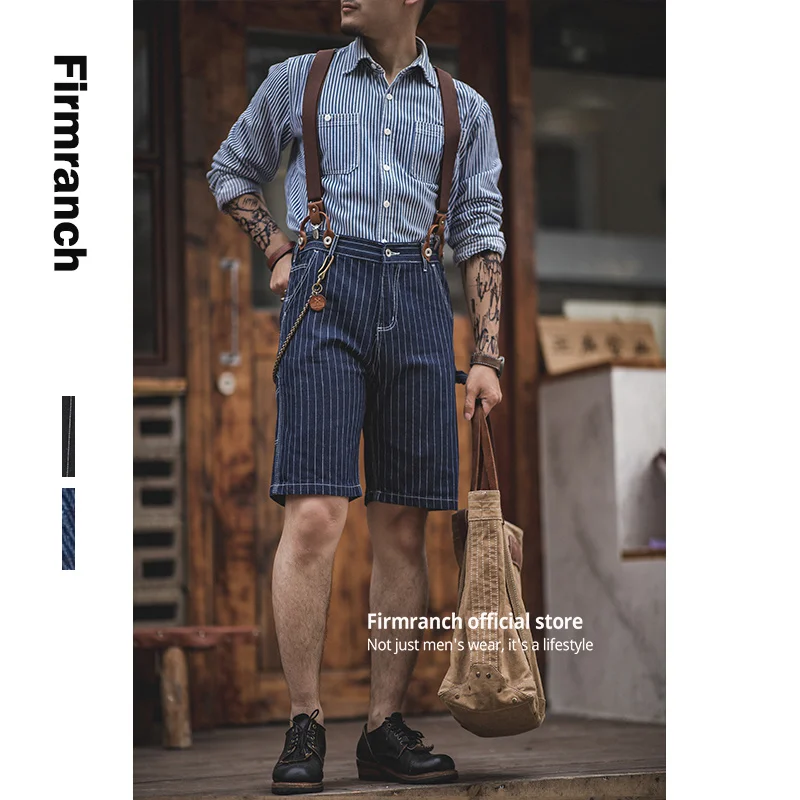 

American Vintage 90s Men/Women Hommes Short Jeans For Men Striped Denim Amekaji Suspenders Work Pants