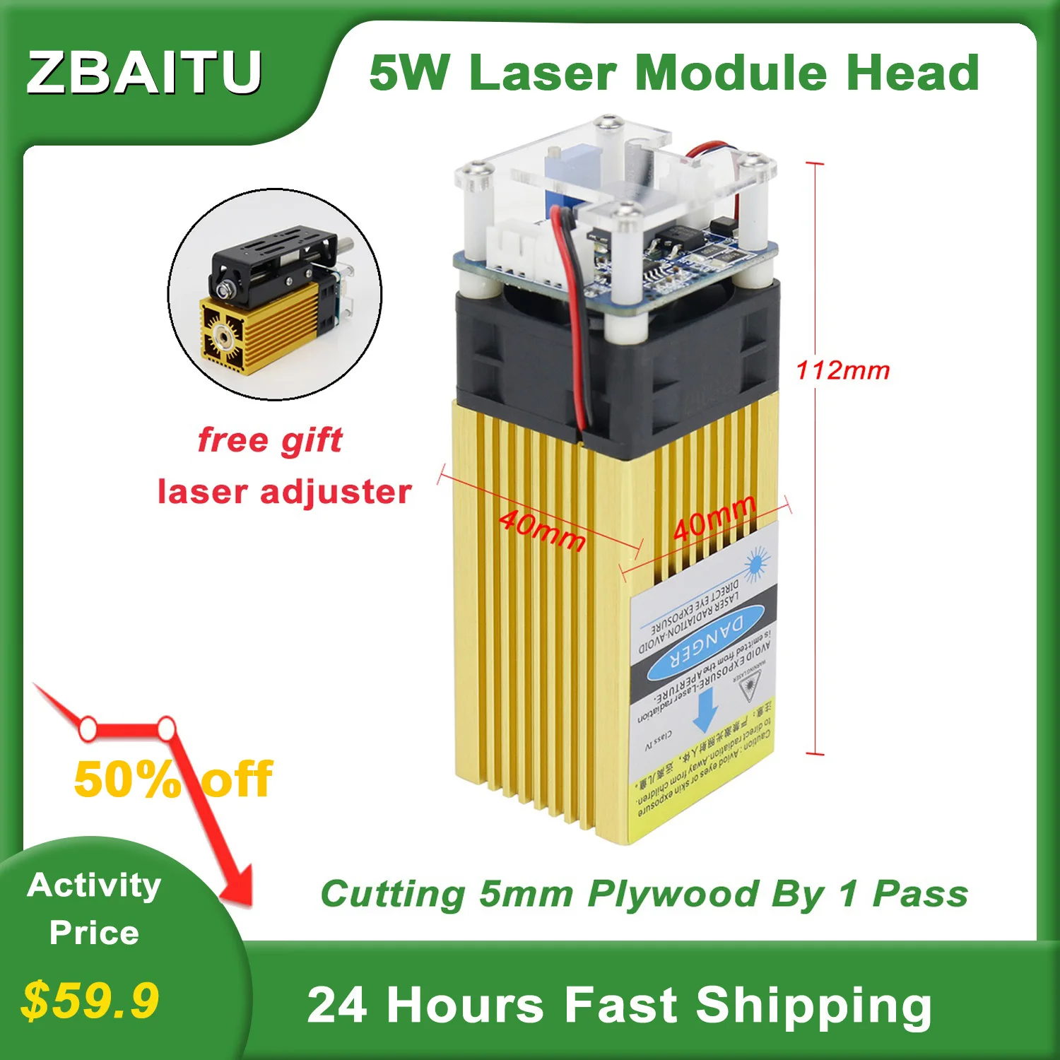 ZBAITU 450nm 40W TTL Module Fixed Focus Laser Head for DIY CNC Laser Engraver Cutter Engraving Woodworking Tools Accessories