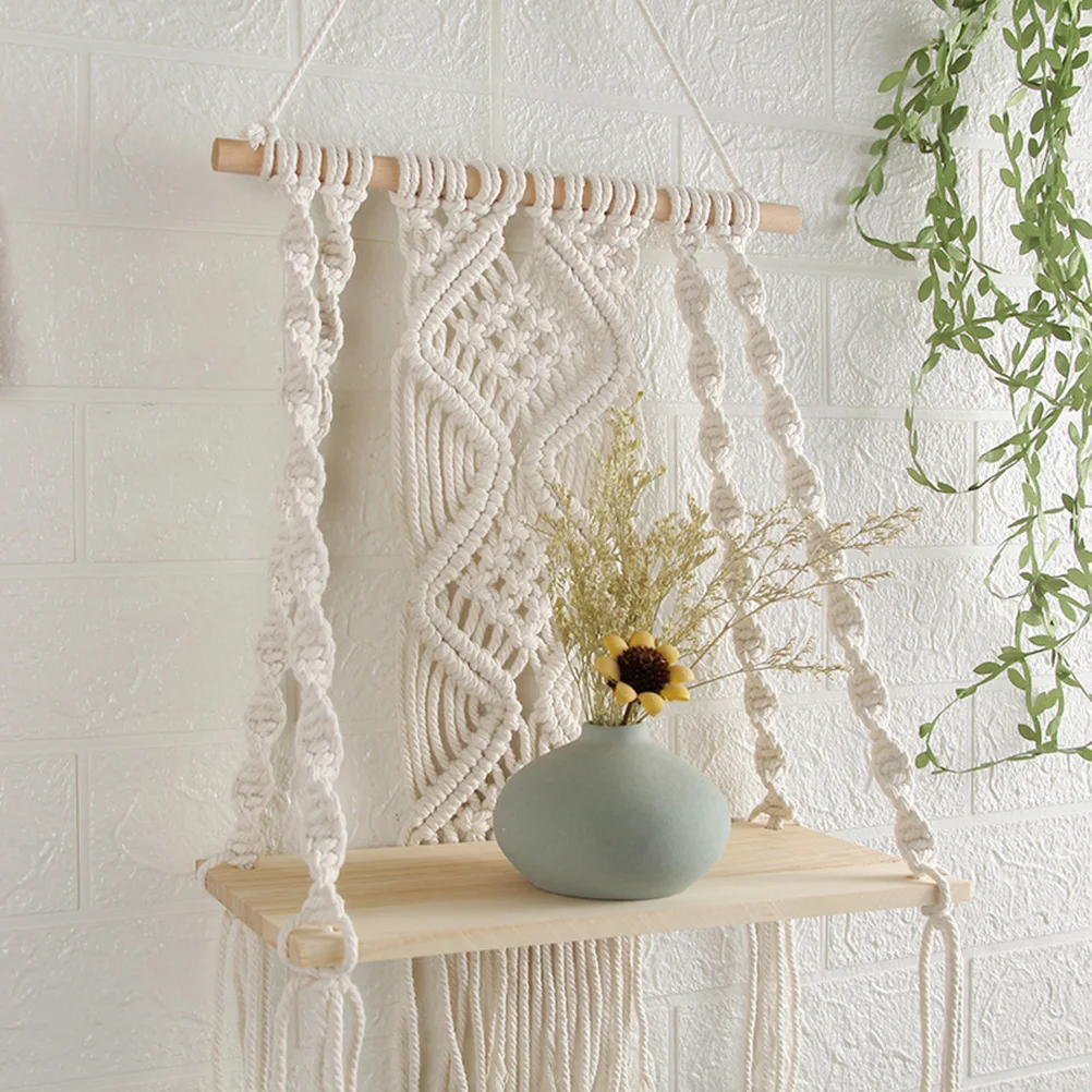 

Handmade Tassel Macrame Tapestry Wall Hanging Shelf Boho Cotton Rope Woven Plant Hanger Wood Floating Shelf Wall Decor