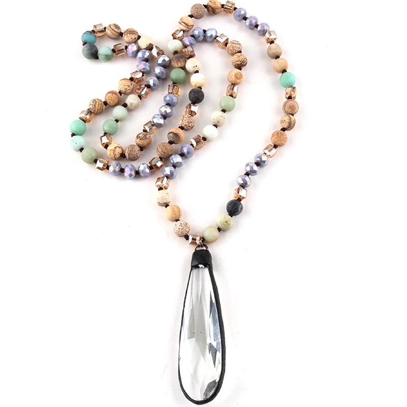 

RH Fashion Bohemian Jewelry Accessory 8mm Stones Knotted Crystal With Long Glass Pendant Necklaces For Women Gift