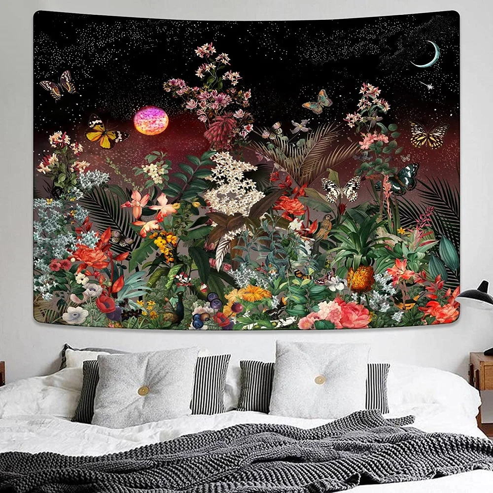 

Starry Sky Butterflies Tapestry Mysterious Garden Plant Flower Printing Pattern Tapestrie Living Bedroom Room Deco Wall Hanging