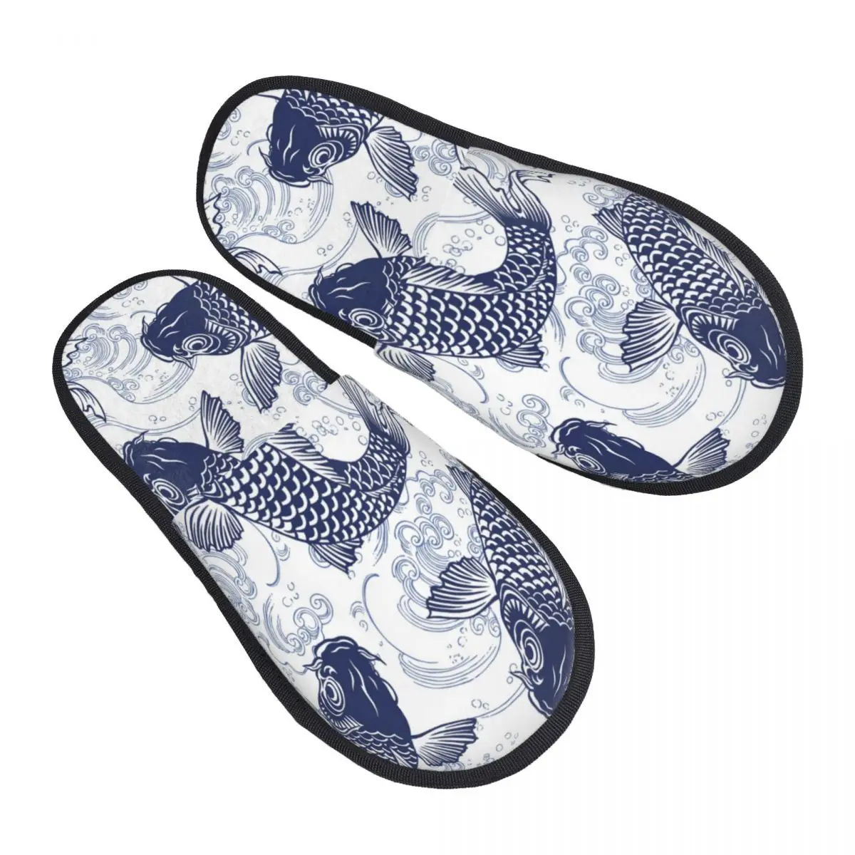 

Men Women Plush Indoor Slippers Blue Fish Carp Koi Wave Pattern Warm Soft Shoes Home Footwear Autumn Winter 2023