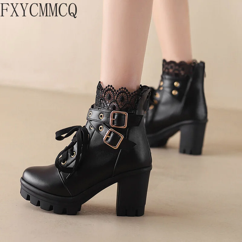 FXYCMMCQ 2022 Spring and Autumn Korean Version of The New Thick Heels Simple Wild Lace Sweet Girl Shoes 815