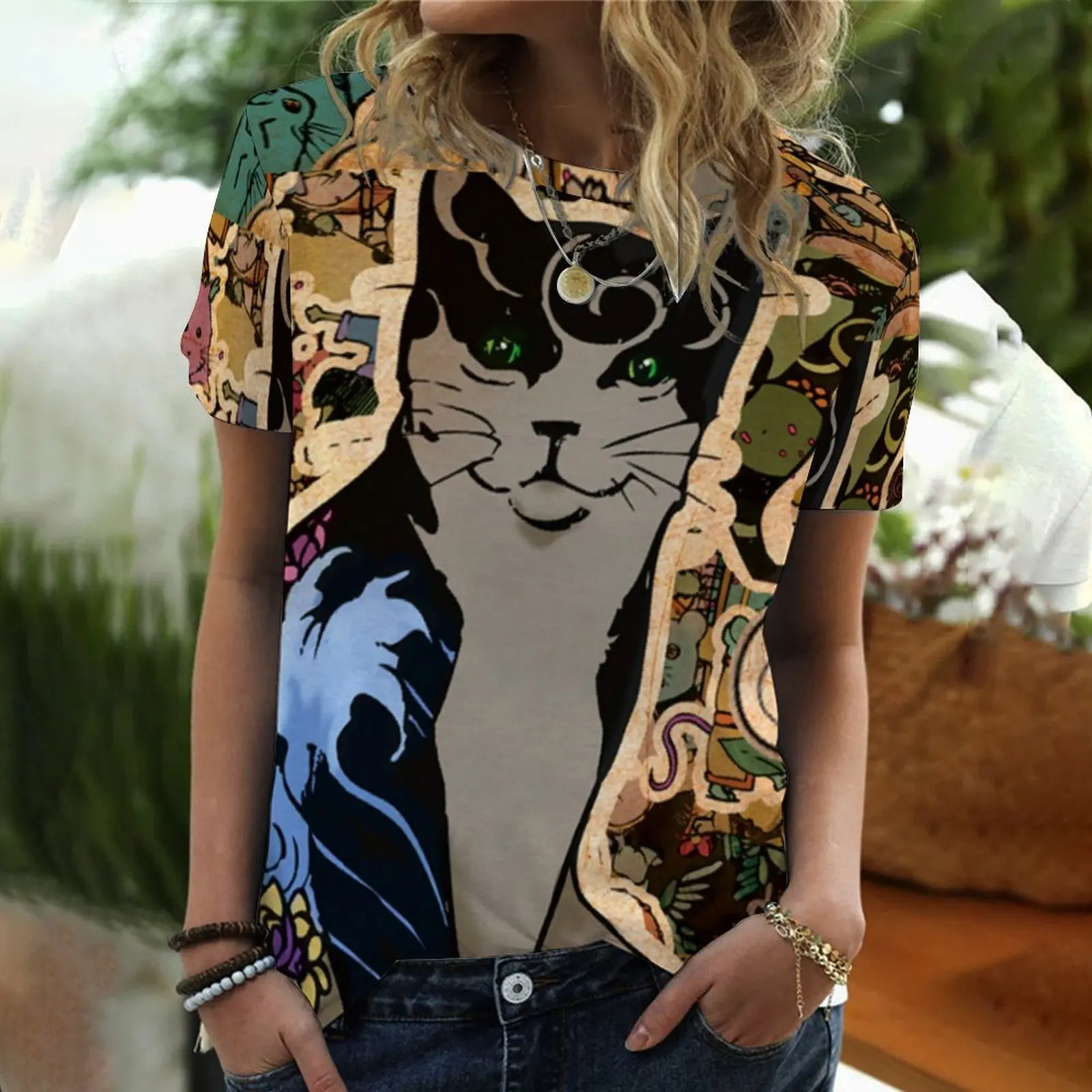 

Women T-shirt Casual New Harajuku Woman Tshirts Summer Short Sleeve Tee 3d Black Cat Printed O-neck T-shirts Tops Female Clothes