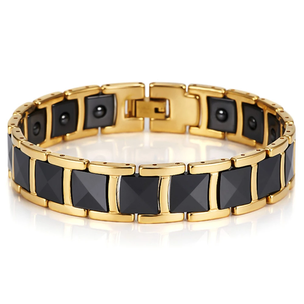 

Steel Magnetic Bracelet Men Kpop Black Ceramic Energy Germanium Bracelets Women Hand Chain Gold Color Hologram Bracelet Male