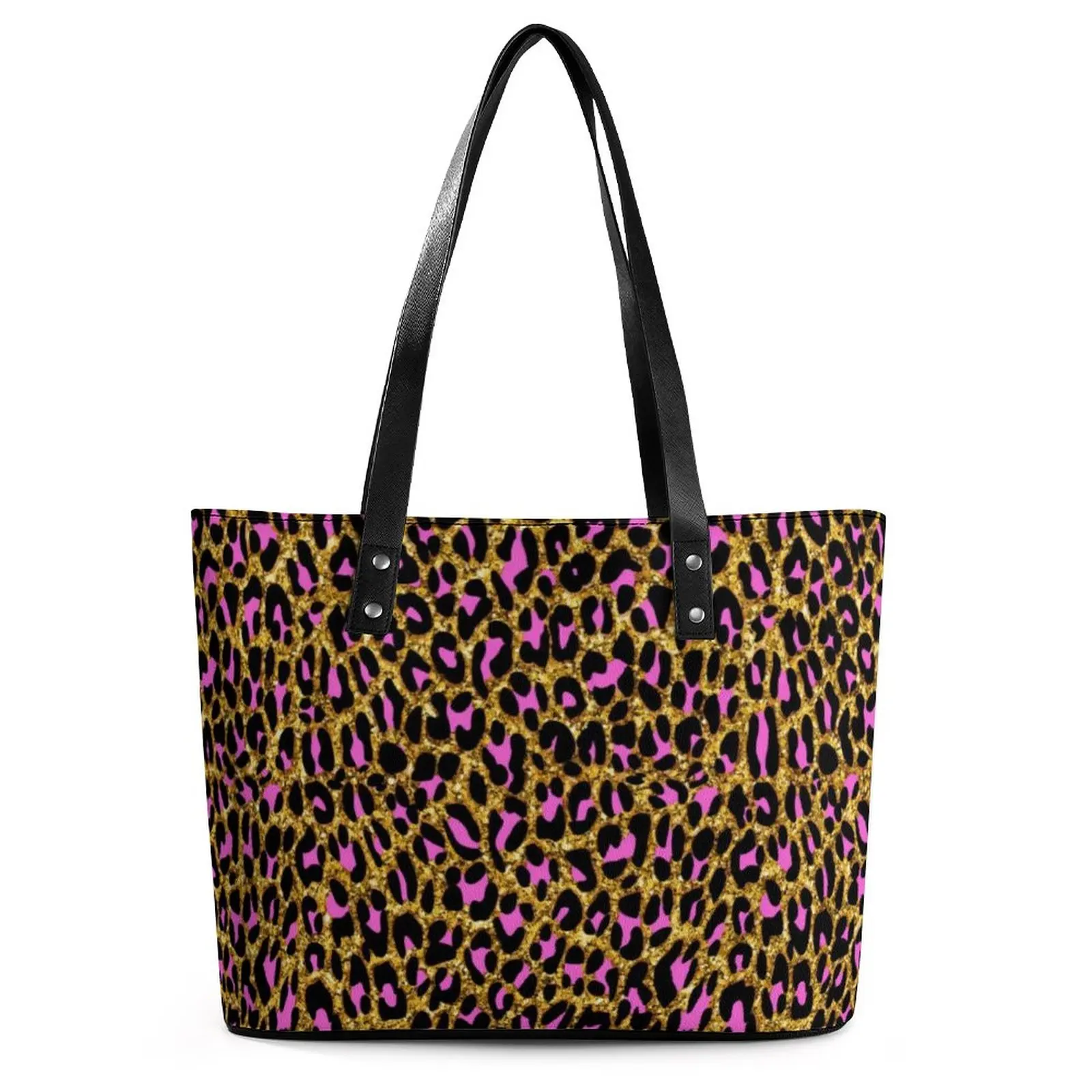 

Gold Metallic Handbags Girly Pink Leopard Print Streetwear Shoulder Bag College PU Leather Tote Bag Female Handle Beach Bags
