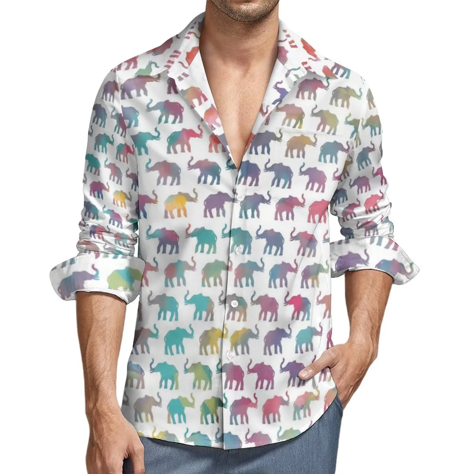 

Colorful Elephant Shirt Elephants on Parade in Watercolor Casual Shirts Long Sleeve Print Y2K Blouses Fashion Oversized Clothing