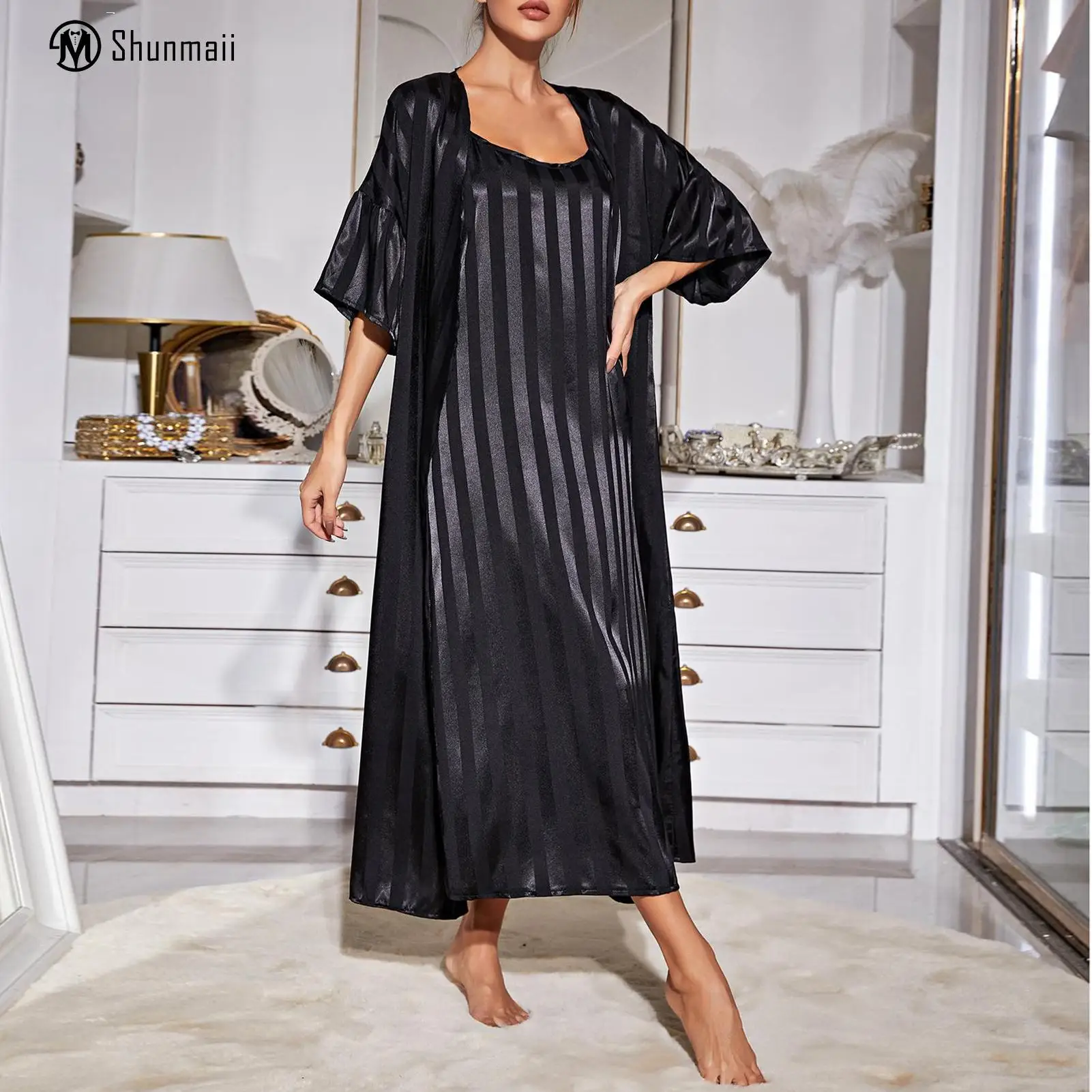 

Shunmaii Women Cardigan Cami Pajamsas Nightdress Set Simple Loungewear Sling Dress Set Stylish Casual Female Homewear Suit