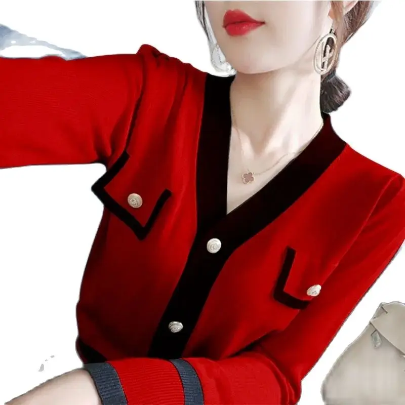 

Fashion Contrast Color Knitted Sweater Pullover Women's Knitwear New 2023 Spring Autumn New Slim Knitting T-Shirt Tops Female