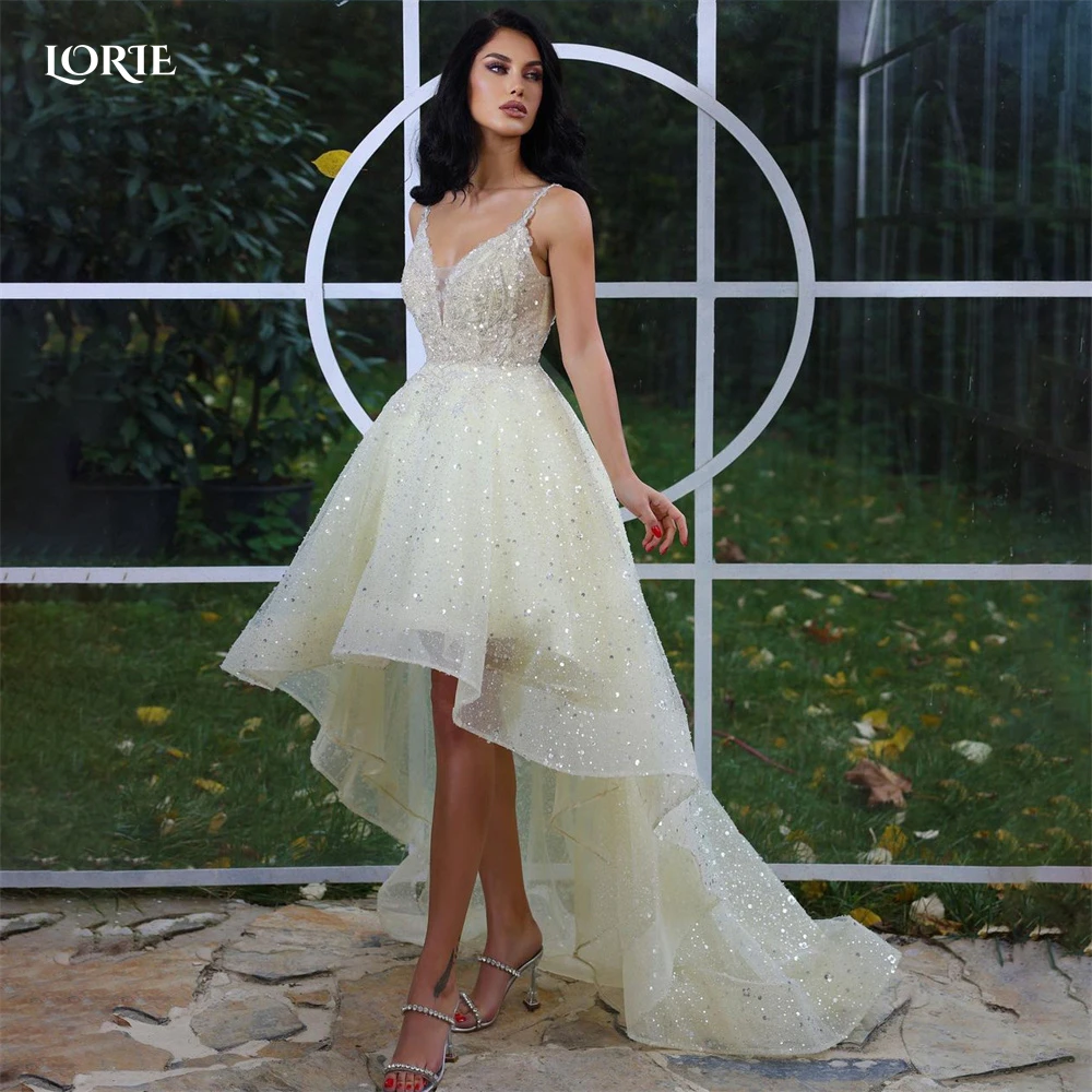 

LORIE Light Yellow Glitter Prom Dresses Shiny High/Low Spaghetti Straps V-Neck Dubai Evening Dress Sparkly Arabia Party Gowns