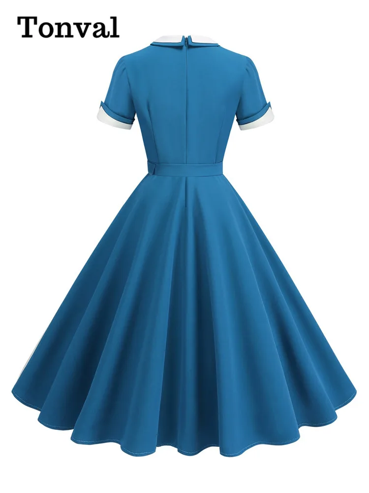 Женское винтажное платье с коротким рукавом Tonval длинное синее в стиле 50-х