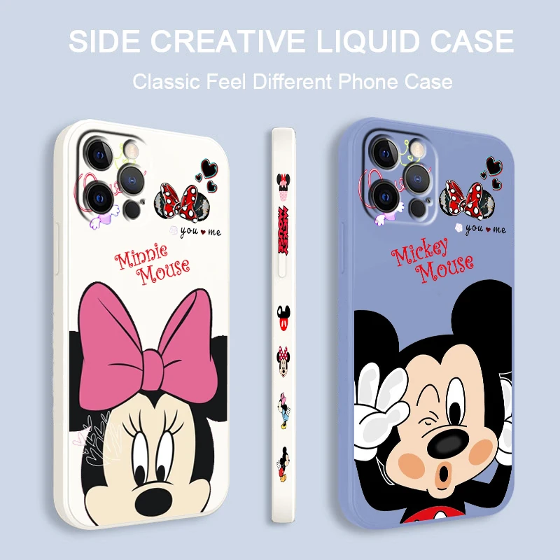 

Disney Minnie Mickey Love Art Liquid Left Rope Cover Phone Case For Apple IPhone 14 13 12 Mini 11 Pro XS MAX XR X 8 7 SE Funda