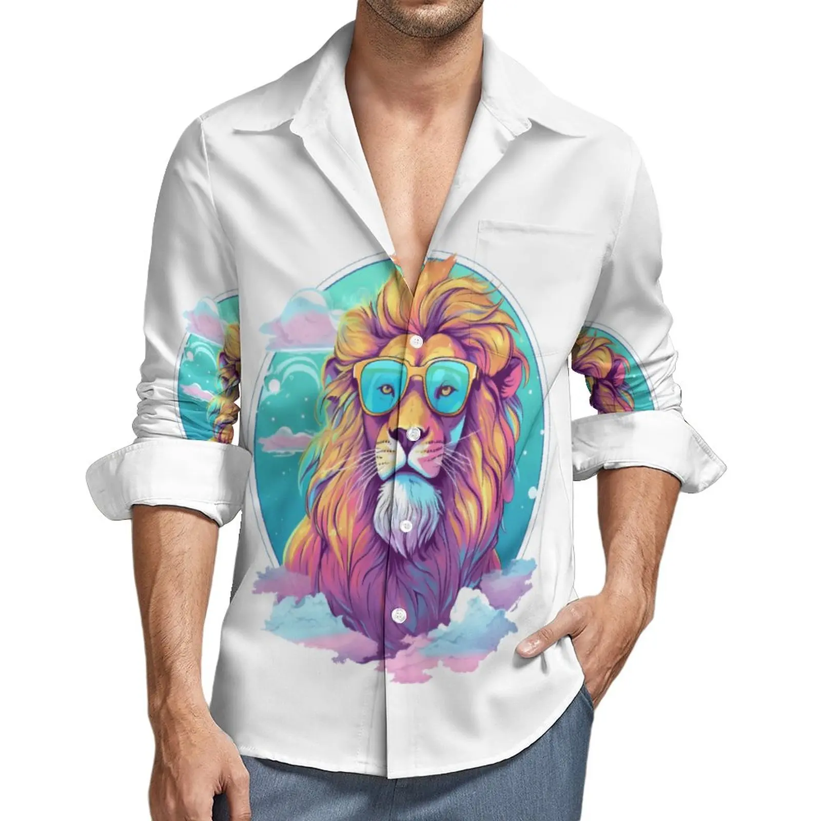 

Lion Shirt Men Animal With Glasses Crazy Casual Shirts Spring Funny Graphic Blouses Long Sleeve Novelty Oversize Tops Gift Idea