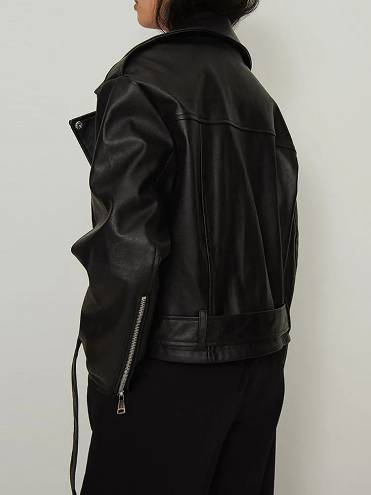 Punk Leather Women Jacket Short Coat Streetwear Tunic Female Jackets with Belt 2022 Autumn Winter moto & biker Zipper Outwear