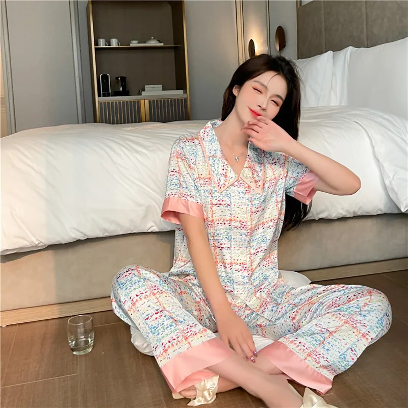 Summer Women's Ice Silk Short Sleeve Trousers Button Cardigan Pajamas Sets Inlaid Color Classic Style Sweet Elegance Houndstooth