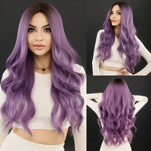 Imported NAMM Long Wavy Purple Hair Wig for Women Cosplay Daily Party Synthetic Wig with Bangs Natural Lavend