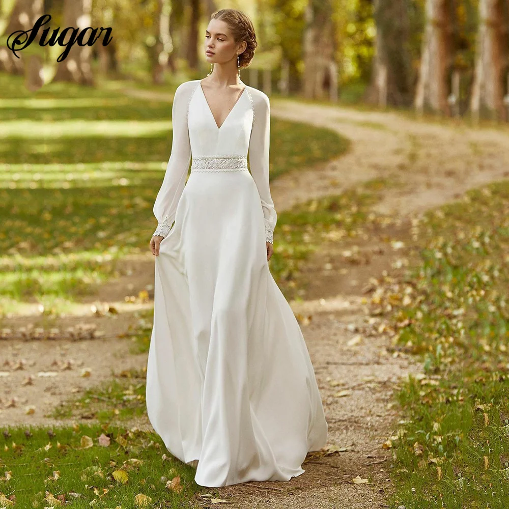 

Simple A-Line Chiffon Boho Wedding Dresses V-Neck Long Puffy Sleeves Bride Gowns Lace Blet Wedding Gown Robes de mariée