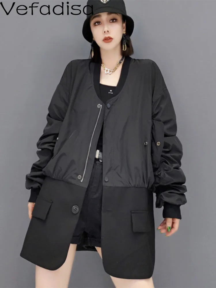 Vefadisa Women Long Sleeves Stand Collar Windbreaker Coat Loose Solid Color Ruched Splicing Suit 2022 Autumn Winter LHX1324 |