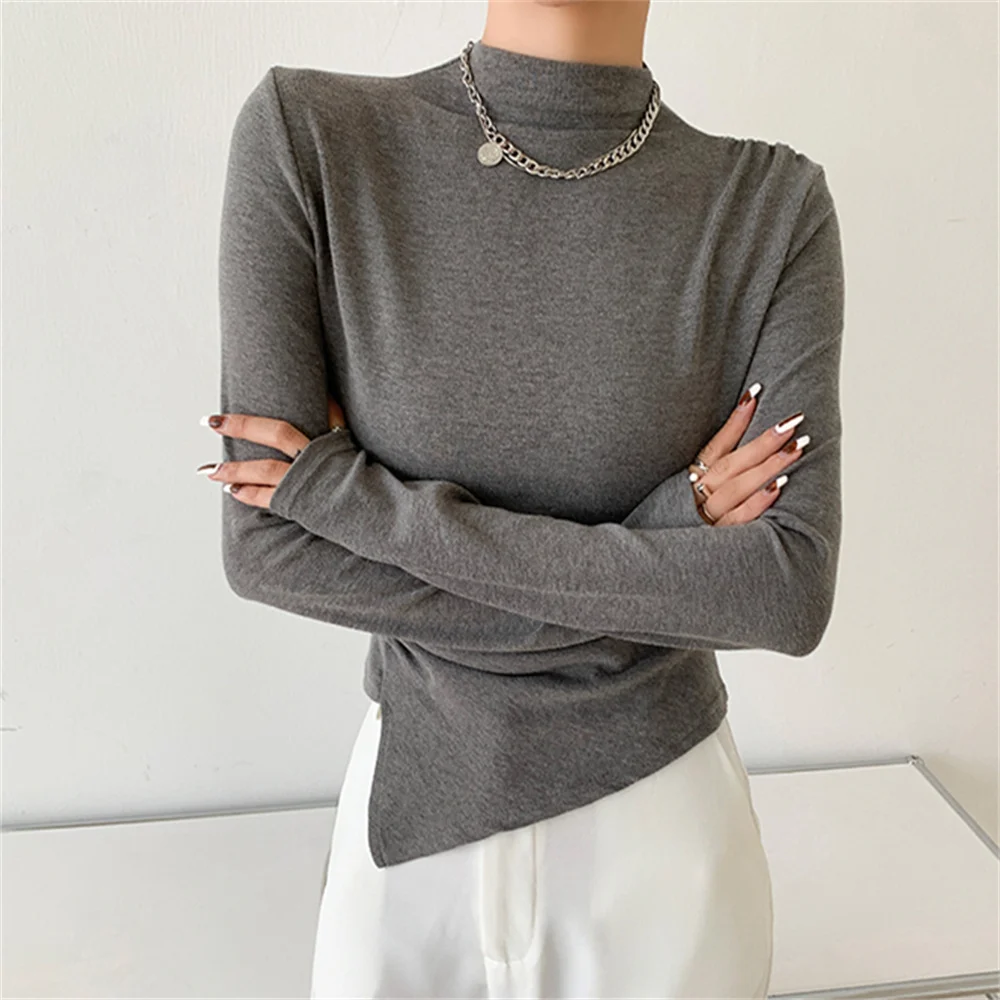 

Alien Kitty Mock Neck T-Shirts Women New Autumn Bottoming 2022 High Street Hot Sale Solid Work Wear Slim Fashion All Match Tees