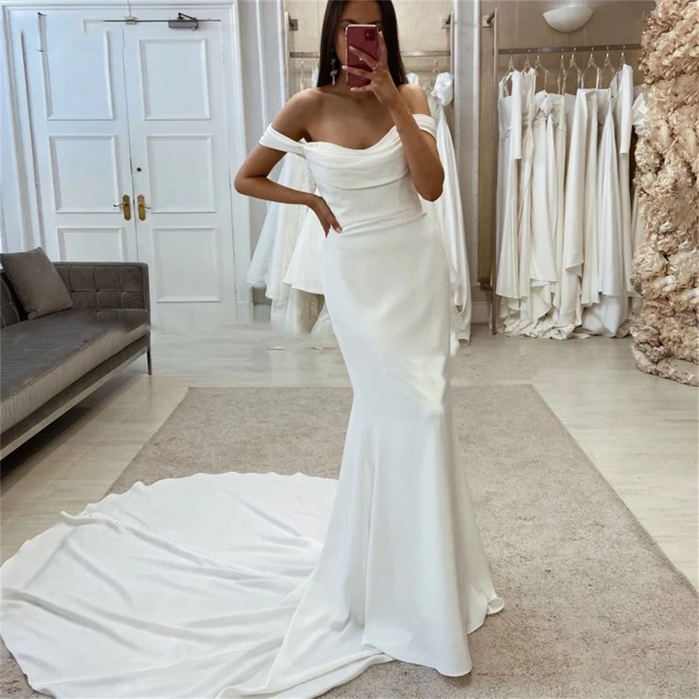 

Mermaid Elegant Wedding Dresses Off Shoulder Ruched Elastic Satin Bridal Gowns Backless Brush Train Customize To Measures Robe