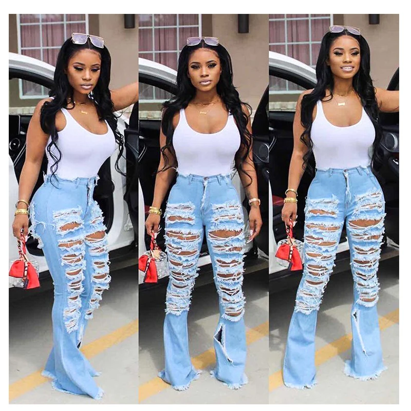 Vintage High Waist Tight Stretch Crossover Ripped Flare Jean Streetwear Woman Trousers Chic Curvy Pants Tangada Women's Clothing