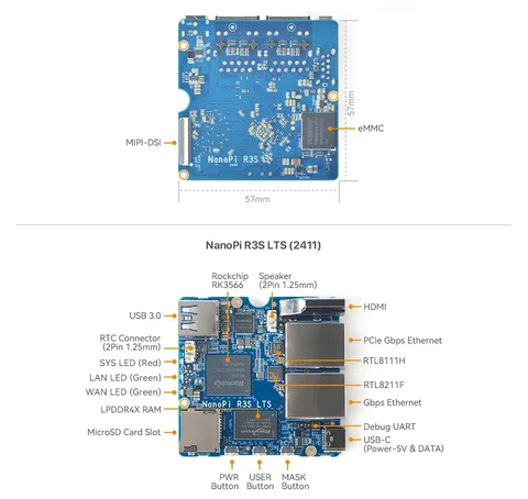 NanoPi R3S-LTS Rockchip RK3566 |   ОЗУ 1 ГБ/2 ГБ + 0 ГБ/32 ГБ eMMC |   Металлический корпус с двумя портами Ethernet Gbps с ЧПУ, 1 ГБ/2 ГБ ОЗУ + 0 ГБ/32 ГБ eMMC