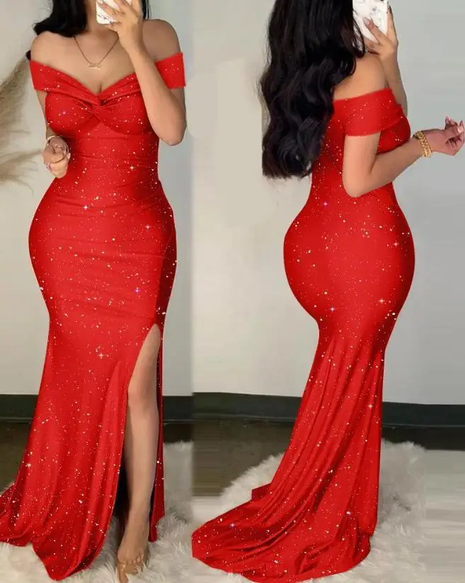 

Блестящее платье-Русалка с открытыми плечами, с разрезом, до бедра