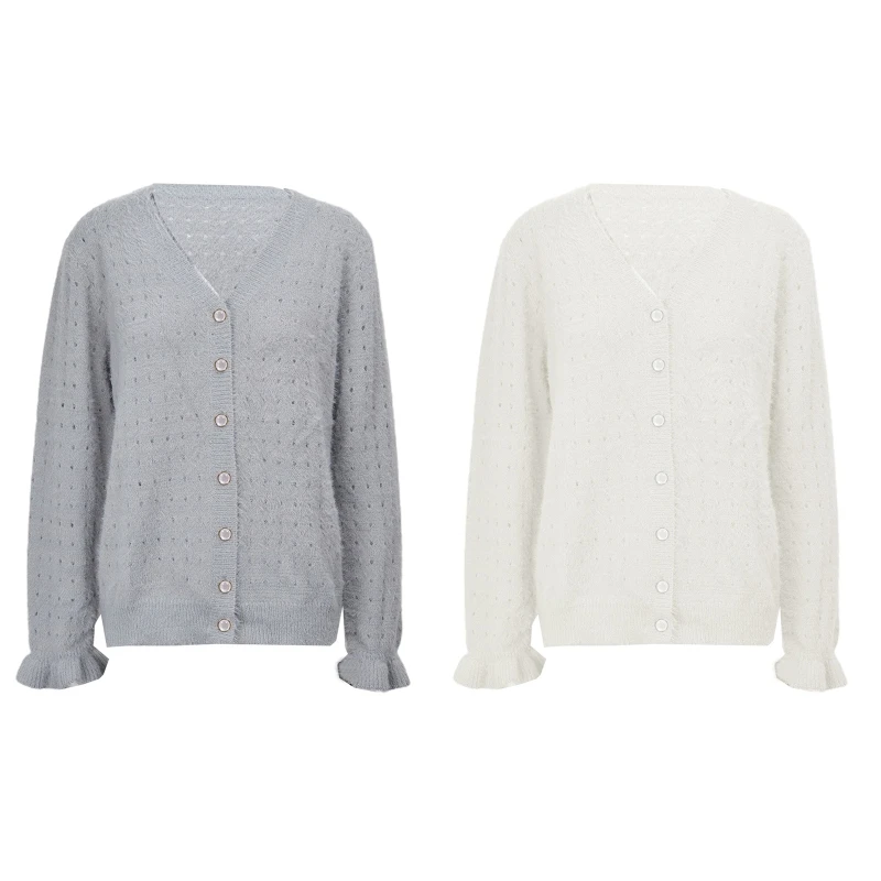 

Women's Hollow Knitwear Cardigan Sweater Solid Color Button-Down Long Sleeve Oversized Knit Cardigans Outwear for Winter