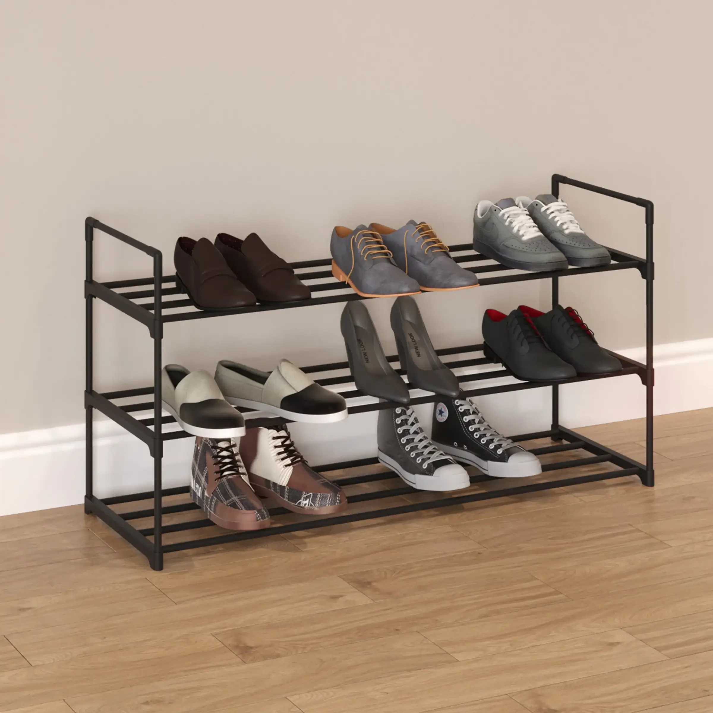 

Shoe Rack - 3-Tier Shoe Organizer for Closet, Bathroom, Entryway - Shelf Holds 15 Pairs Sneakers, Heels, Boots (Black) Rapid Tra