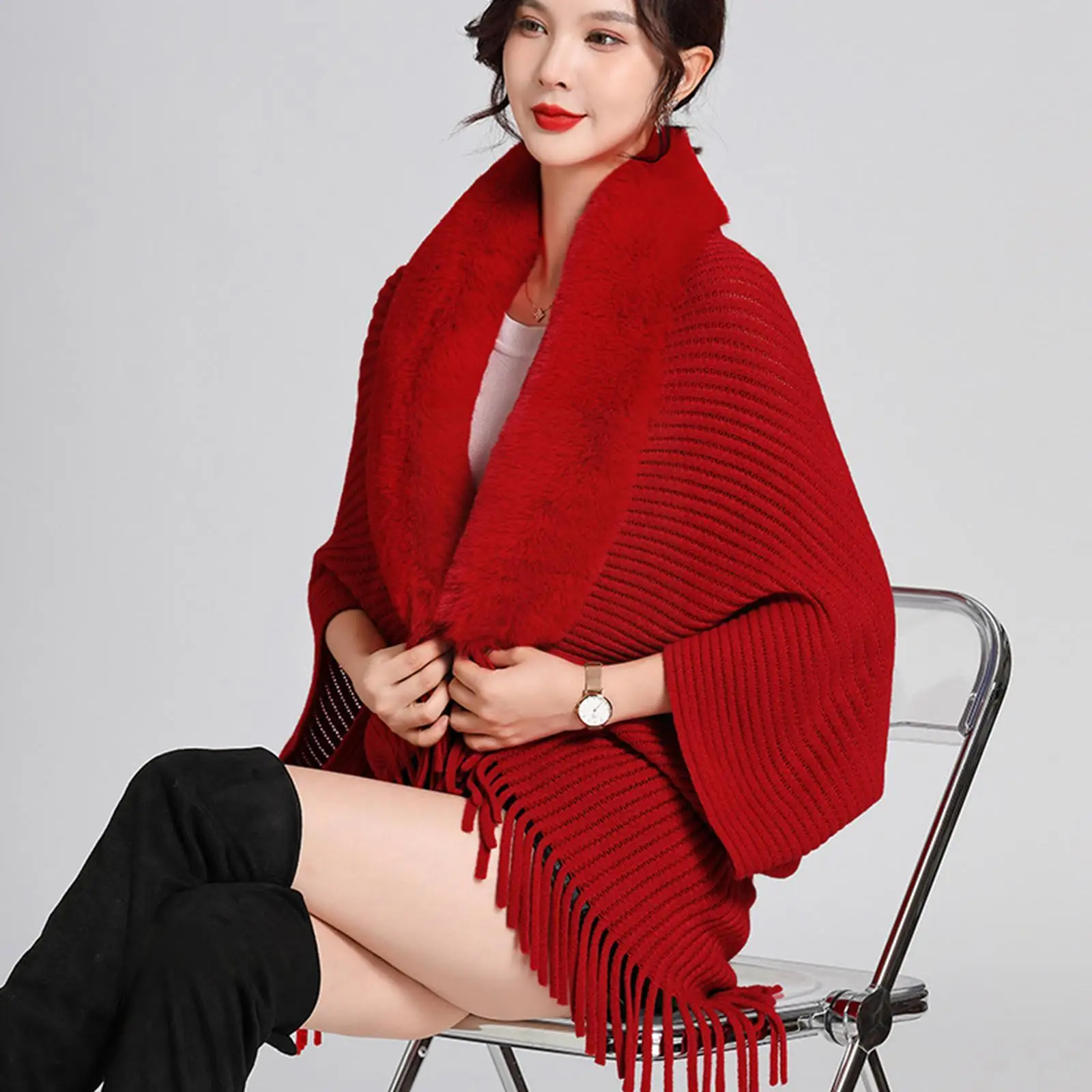 

Fur Collar Winter Shawls Knitted Fringe Sweater Ponchos Fashion Long Batwing Cardigan Sleeve Cloak Casual Elegant O0f4