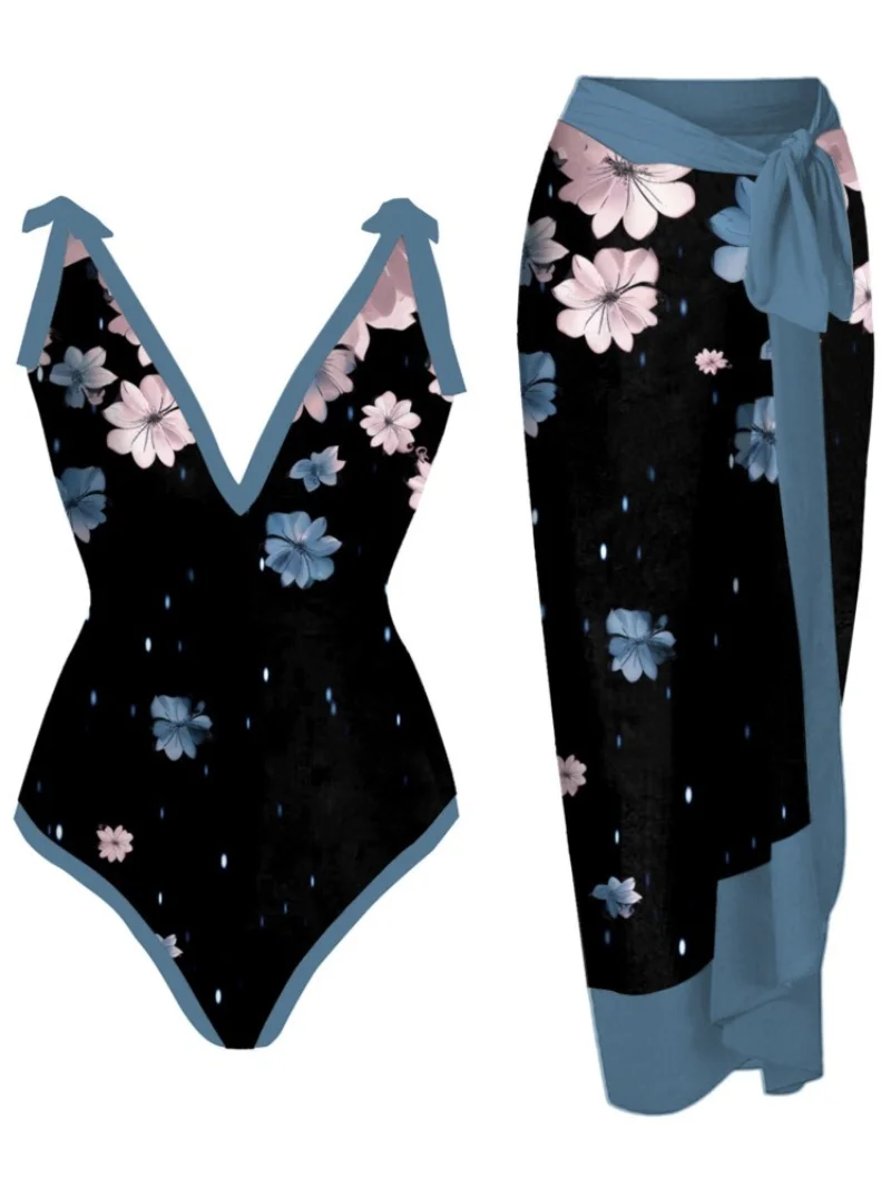 Bikini Bodysuit Swimwear Women With Skirt Bathing Suit Summer New Ruffle Splice Print Beachwear Holiday Bikini Cover Ups Outfits