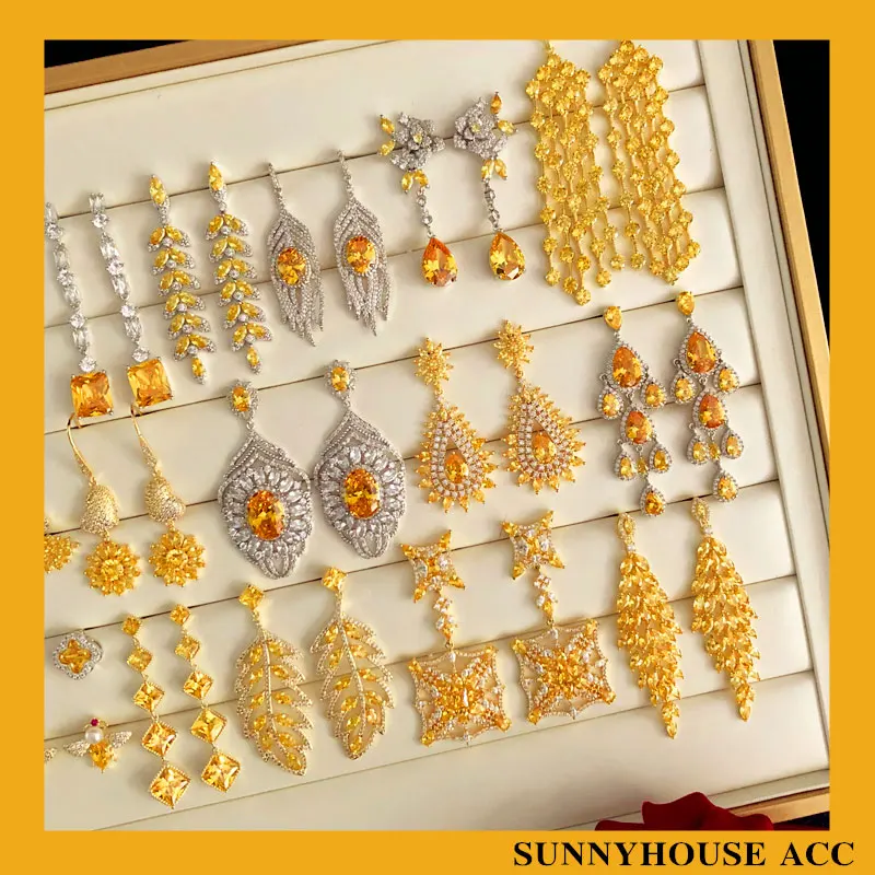 Immortal Retro Summer Yellow Crystal Gemstone Stud Earrings Women South korea Zircon Exaggerated Tassel Silver Needl...