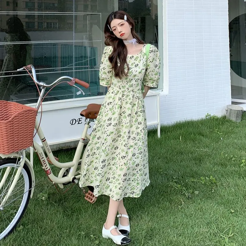 

Женское приталенное платье с коротким рукавом, элегантное винтажное ТРАПЕЦИЕВИДНОЕ ПЛАТЬЕ с квадратным вырезом и принтом, модель H74 в Корей...