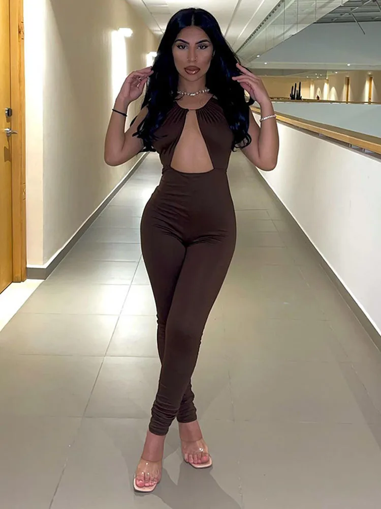 

Sexy Halter Cut Out Sleeveless Skinny Jumpsuits Women Backless Pencil Pants One Piece Rompers 2022 Summer Lolita Fairy Clothes