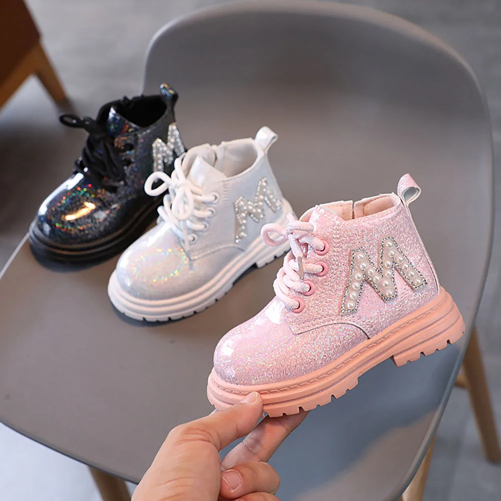 

Autumn Princess Shoes For Girls Korean Style Luxury Pearl Martin Boots Soft-soled Anti-slippery Spring Footwear For Kids