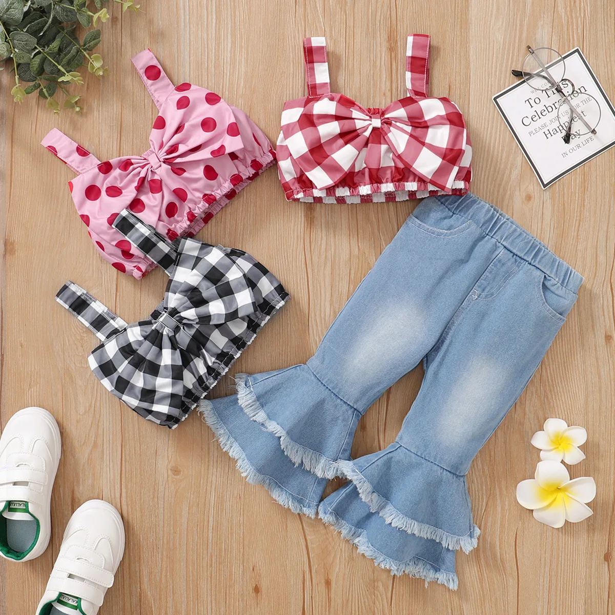 

0-24m Autumn Baby Girl Set 2pcs Plaid Bow Top + Horn Denim Pants Outfit Newborn Baby Girl Clothes