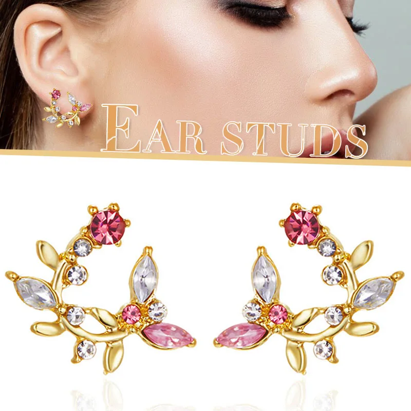 

Women Earrings Plants Leaves Design Ear Studs Shining Zircon Ear Jewelry Gift Women Earrings Gift for Girls Ladies Shining NA