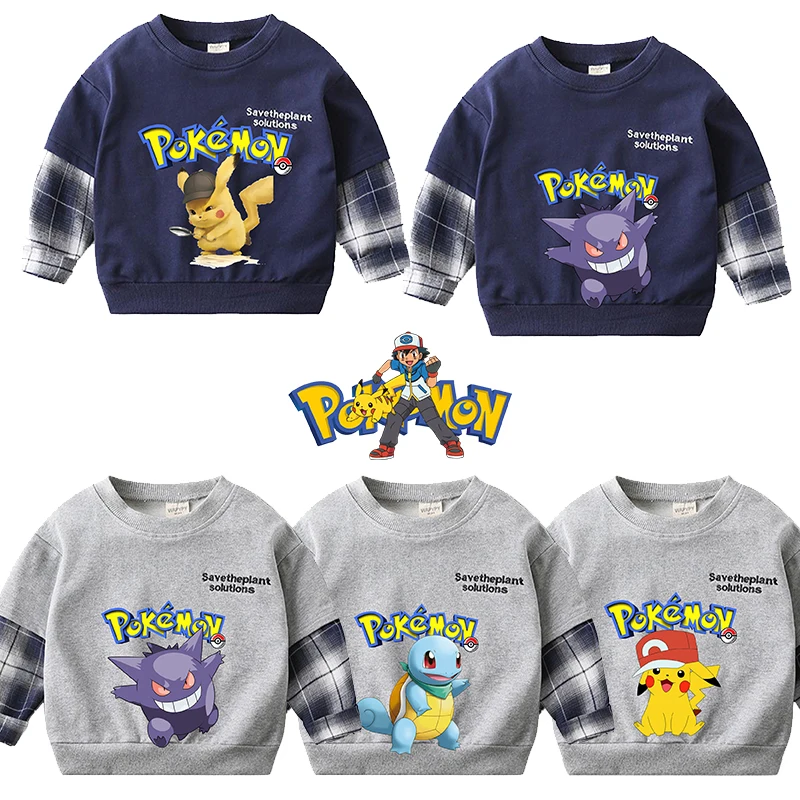 Свитер Pokemon Gengar Pikachu плотная детская одежда с круглым вырезом для мальчиков и