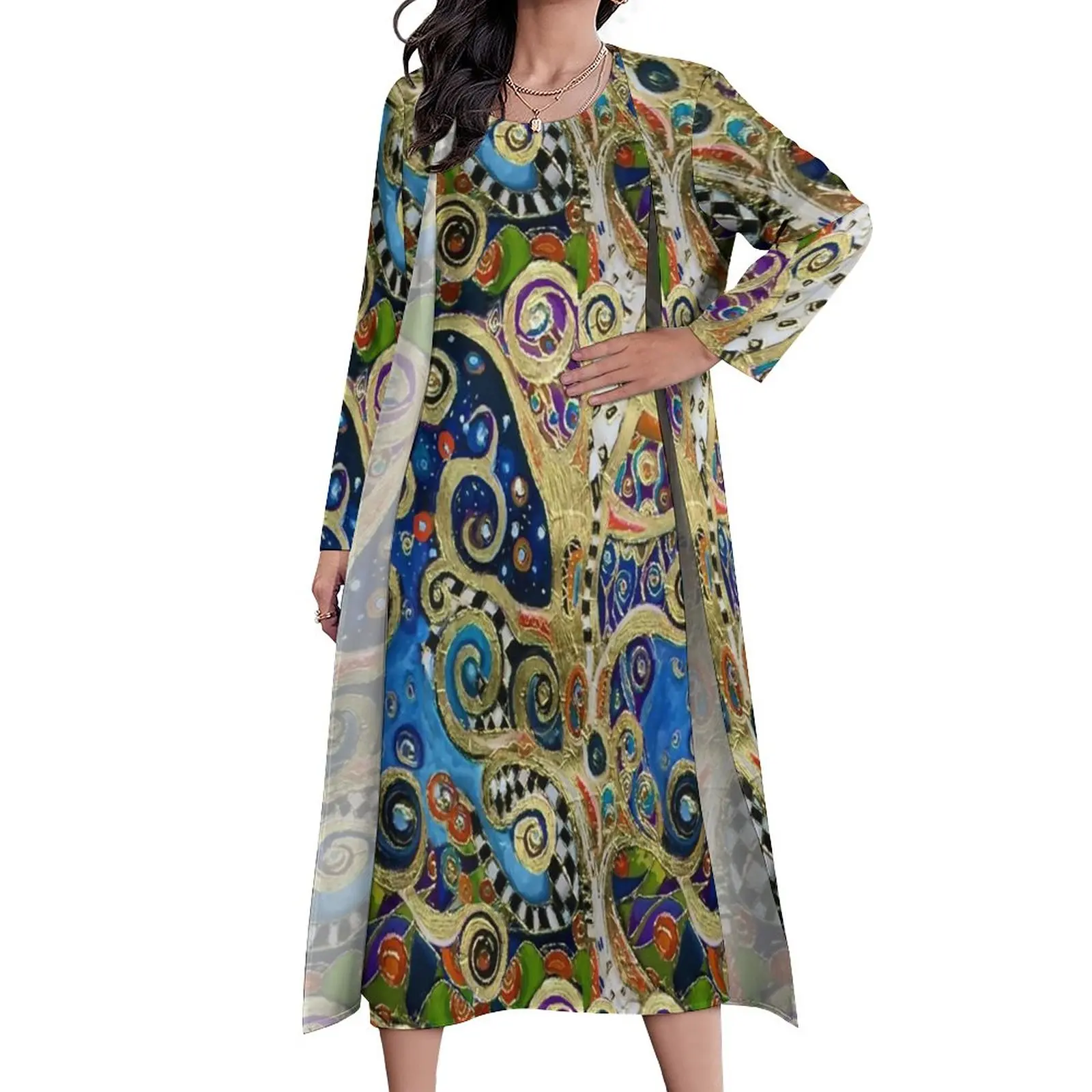 

Художественное платье Gustav Klimt, Платье макси с абстрактным принтом, повседневные Длинные платья в уличном стиле, осенняя одежда из двух частей с узором, большой размер 4XL