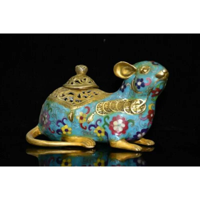 

8 Inch Old Chinese Antique Dynasty Logo Bronze Cloisonne Gold Plated Coin Mouse Incense Burner