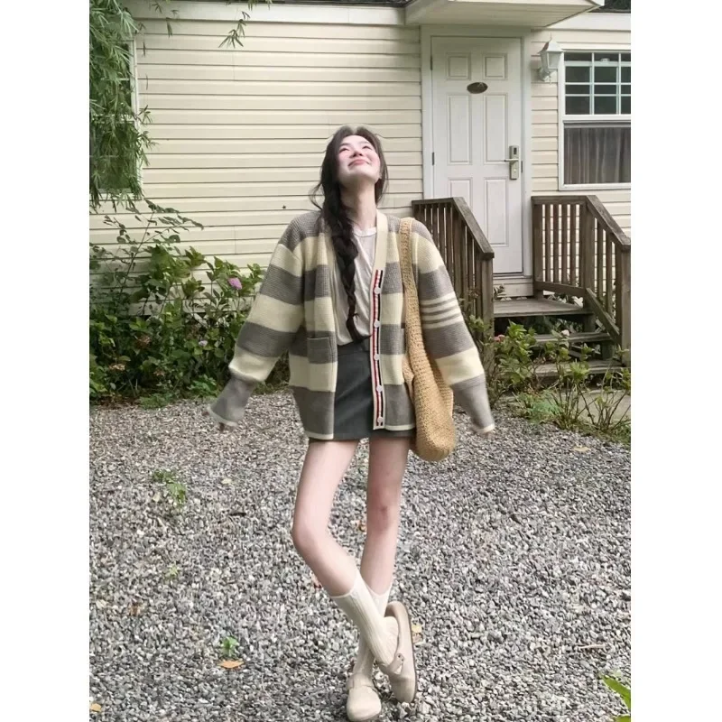 Элегантный винтажный полосатый свитер с цветными блоками куртка для женщин