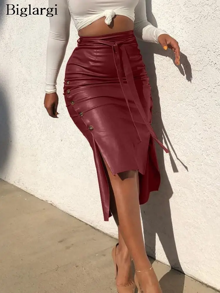 

Autumn PU Midi Skirt Women Bodycon Sexy Irregular Split Ladies Skirts Fashion High Waist Office Woman Skirt 2023