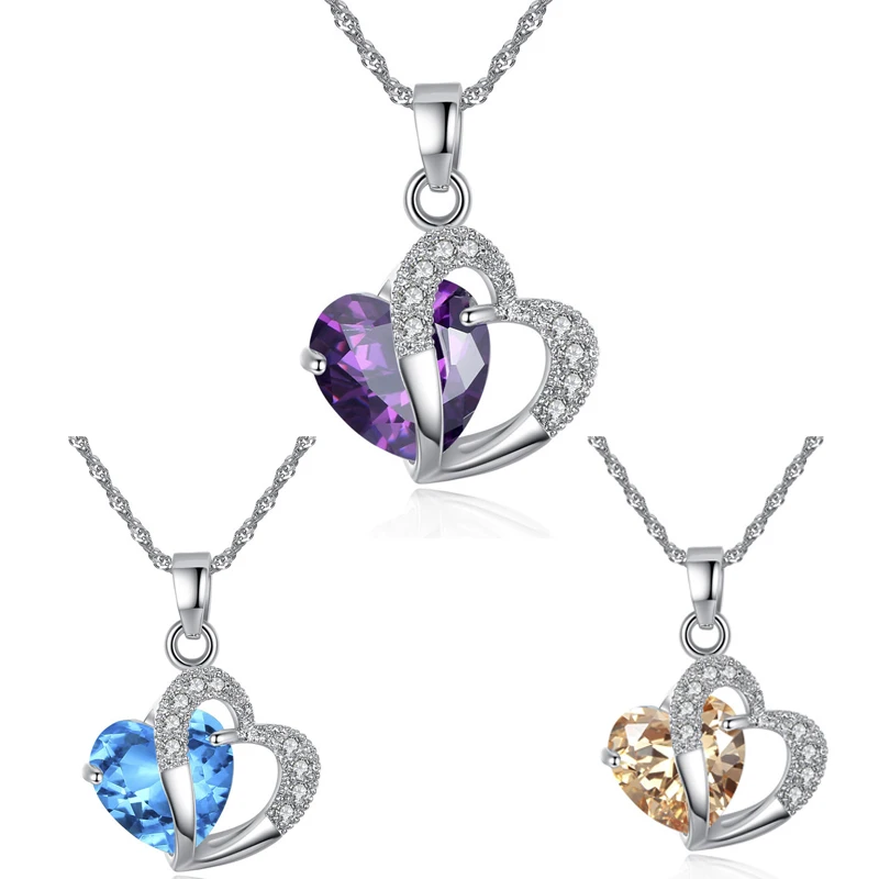 

Fashion Blue Purple Crystal Heart-shaped Clavicle New Necklace 2020 for Women Girl Hollow Chain Pendant Jewelry Whole Sale