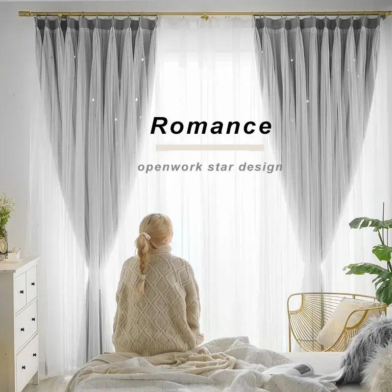 

Suitable for bedroom, living room window hollow star double layer 90% blackout curtain blue pink grey curtain